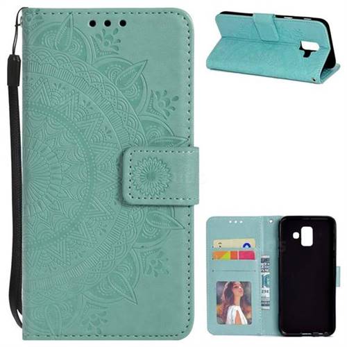 Intricate Embossing Datura Leather Wallet Case for Samsung Galaxy A6 (2018) - Mint Green