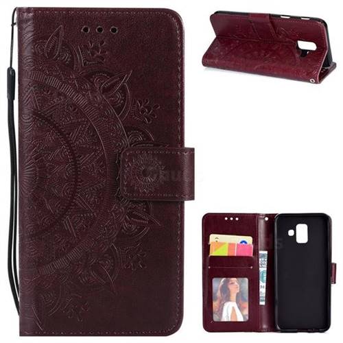 Intricate Embossing Datura Leather Wallet Case for Samsung Galaxy A6 (2018) - Brown