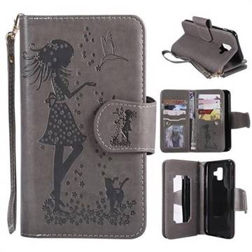 Embossing Cat Girl 9 Card Leather Wallet Case for Samsung Galaxy A6 (2018) - Gray