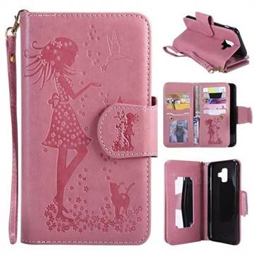 Embossing Cat Girl 9 Card Leather Wallet Case for Samsung Galaxy A6 (2018) - Pink