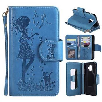 Embossing Cat Girl 9 Card Leather Wallet Case for Samsung Galaxy A6 (2018) - Blue