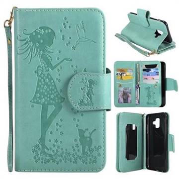 Embossing Cat Girl 9 Card Leather Wallet Case for Samsung Galaxy A6 (2018) - Green