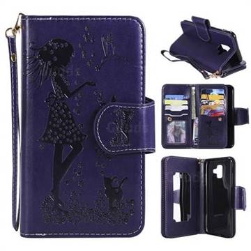 Embossing Cat Girl 9 Card Leather Wallet Case for Samsung Galaxy A6 (2018) - Purple