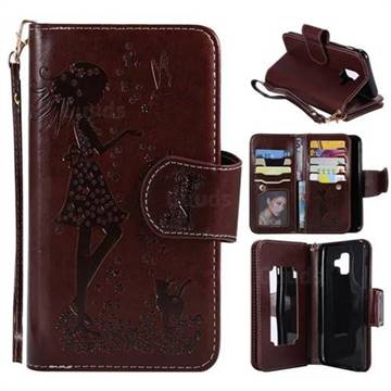 Embossing Cat Girl 9 Card Leather Wallet Case for Samsung Galaxy A6 (2018) - Brown
