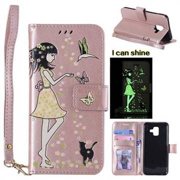 Luminous Flower Girl Cat Leather Wallet Case for Samsung Galaxy A6 (2018) - Light Pink