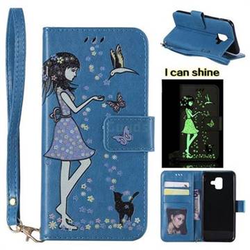 Luminous Flower Girl Cat Leather Wallet Case for Samsung Galaxy A6 (2018) - Blue