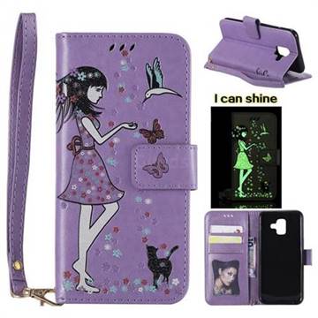 Luminous Flower Girl Cat Leather Wallet Case for Samsung Galaxy A6 (2018) - Purple