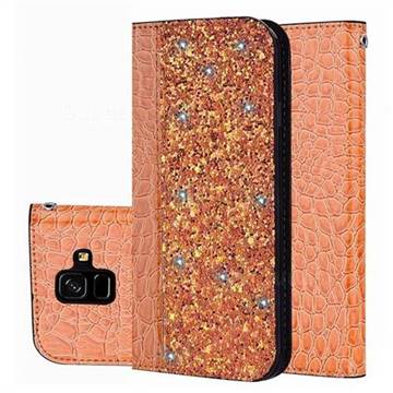 Shiny Crocodile Pattern Stitching Magnetic Closure Flip Holster Shockproof Phone Cases for Samsung Galaxy A6 (2018) - Gold Orange