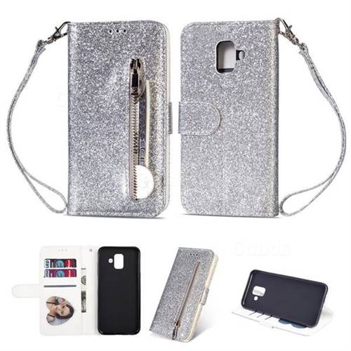 Glitter Shine Leather Zipper Wallet Phone Case for Samsung Galaxy A6 (2018) - Silver