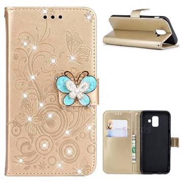 Embossing Butterfly Circle Rhinestone Leather Wallet Case for Samsung Galaxy A6 (2018) - Champagne