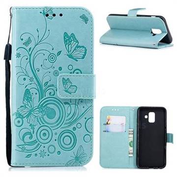 Intricate Embossing Butterfly Circle Leather Wallet Case for Samsung Galaxy A6 (2018) - Cyan