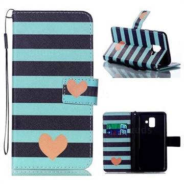 Blue Stripe Heart Leather Wallet Phone Case for Samsung Galaxy A6 (2018)