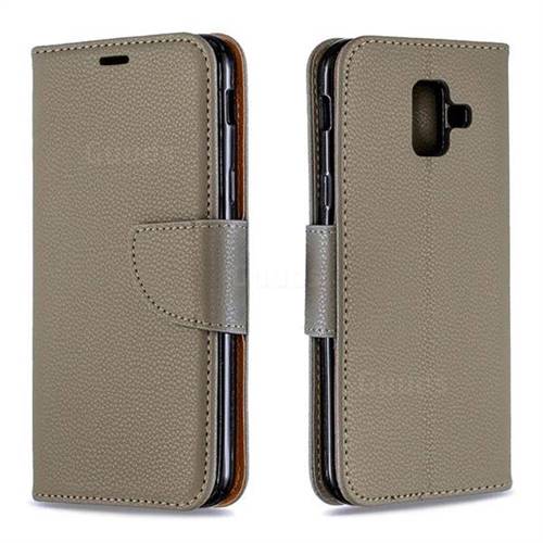 Classic Luxury Litchi Leather Phone Wallet Case for Samsung Galaxy A6 (2018) - Gray