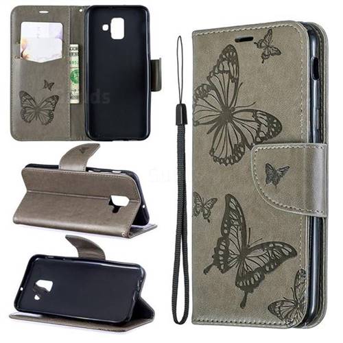 Embossing Double Butterfly Leather Wallet Case for Samsung Galaxy A6 (2018) - Gray