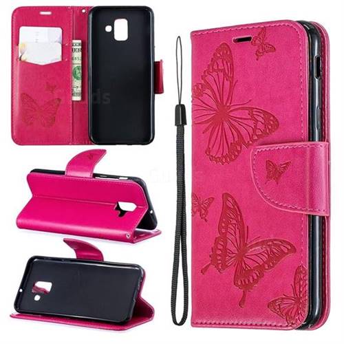 Embossing Double Butterfly Leather Wallet Case for Samsung Galaxy A6 (2018) - Red