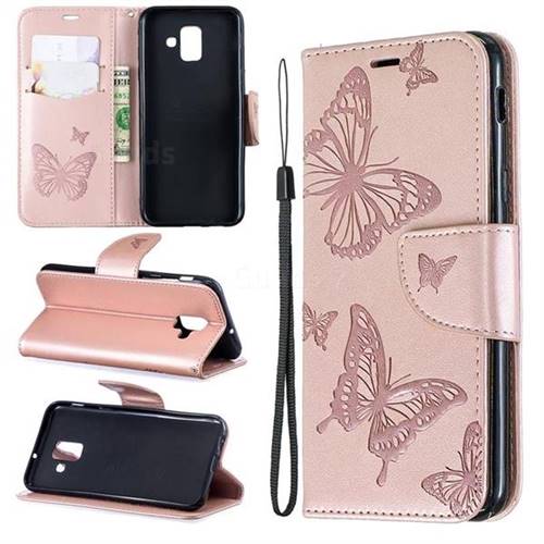 Embossing Double Butterfly Leather Wallet Case for Samsung Galaxy A6 (2018) - Rose Gold