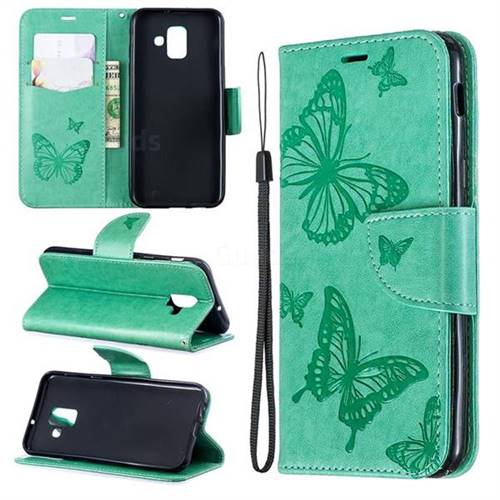 Embossing Double Butterfly Leather Wallet Case for Samsung Galaxy A6 (2018) - Green