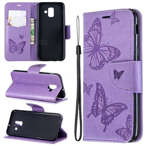 Embossing Double Butterfly Leather Wallet Case for Samsung Galaxy A6 (2018) - Purple