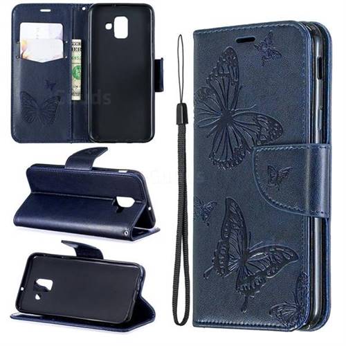 Embossing Double Butterfly Leather Wallet Case for Samsung Galaxy A6 (2018) - Dark Blue