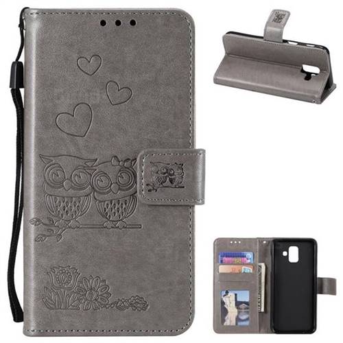 Embossing Owl Couple Flower Leather Wallet Case for Samsung Galaxy A6 (2018) - Gray