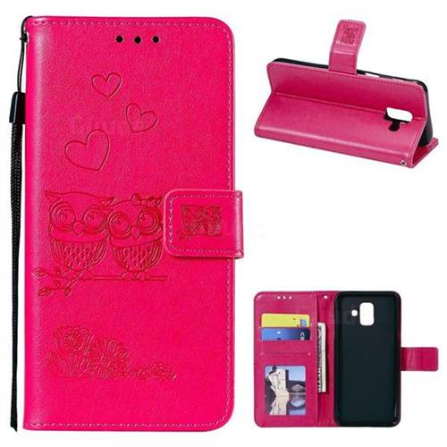 Embossing Owl Couple Flower Leather Wallet Case for Samsung Galaxy A6 (2018) - Red