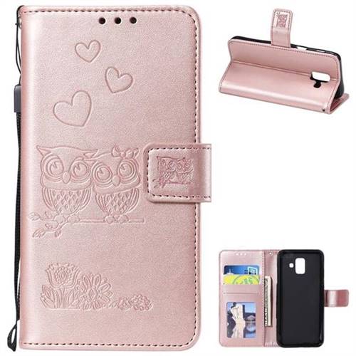 Embossing Owl Couple Flower Leather Wallet Case for Samsung Galaxy A6 (2018) - Rose Gold
