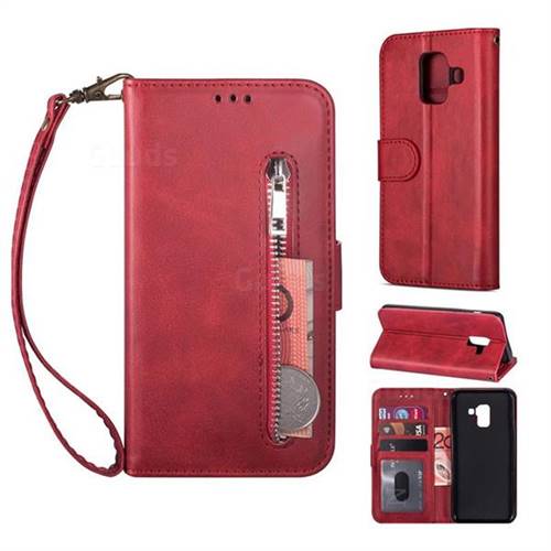 Retro Calfskin Zipper Leather Wallet Case Cover for Samsung Galaxy A6 (2018) - Red