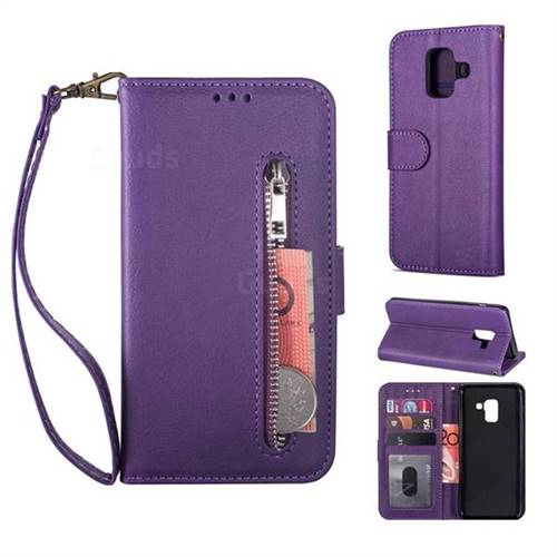 Retro Calfskin Zipper Leather Wallet Case Cover for Samsung Galaxy A6 (2018) - Purple