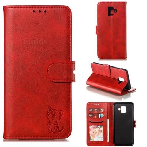 Embossing Happy Cat Leather Wallet Case for Samsung Galaxy A6 (2018) - Red