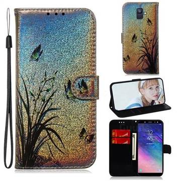 Butterfly Orchid Laser Shining Leather Wallet Phone Case for Samsung Galaxy A6 (2018)