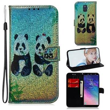 Two Pandas Laser Shining Leather Wallet Phone Case for Samsung Galaxy A6 (2018)
