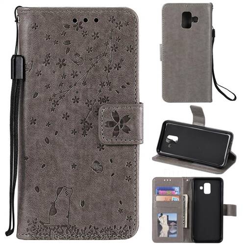 Embossing Cherry Blossom Cat Leather Wallet Case for Samsung Galaxy A6 (2018) - Gray