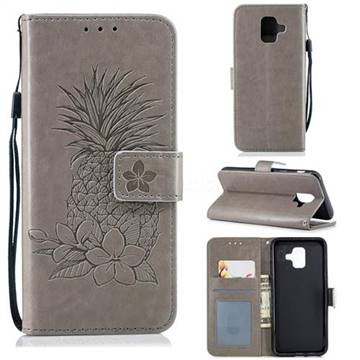 Embossing Flower Pineapple Leather Wallet Case for Samsung Galaxy A6 (2018) - Gray
