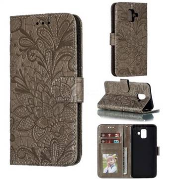 Intricate Embossing Lace Jasmine Flower Leather Wallet Case for Samsung Galaxy A6 (2018) - Gray
