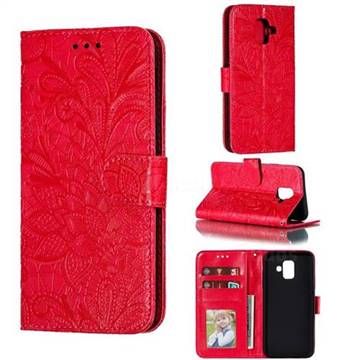 Intricate Embossing Lace Jasmine Flower Leather Wallet Case for Samsung Galaxy A6 (2018) - Red