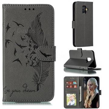 Intricate Embossing Lychee Feather Bird Leather Wallet Case for Samsung Galaxy A6 (2018) - Gray