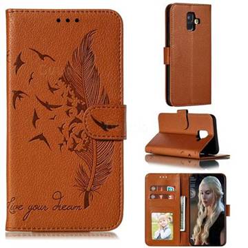 Intricate Embossing Lychee Feather Bird Leather Wallet Case for Samsung Galaxy A6 (2018) - Brown