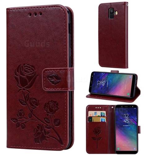 Embossing Rose Flower Leather Wallet Case for Samsung Galaxy A6 (2018) - Brown