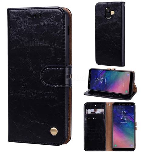 Luxury Retro Oil Wax PU Leather Wallet Phone Case for Samsung Galaxy A6 (2018) - Deep Black