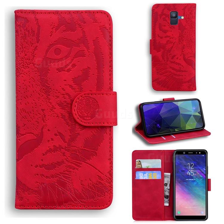 Intricate Embossing Tiger Face Leather Wallet Case for Samsung Galaxy A6 (2018) - Red