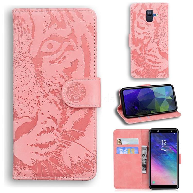 Intricate Embossing Tiger Face Leather Wallet Case for Samsung Galaxy A6 (2018) - Pink