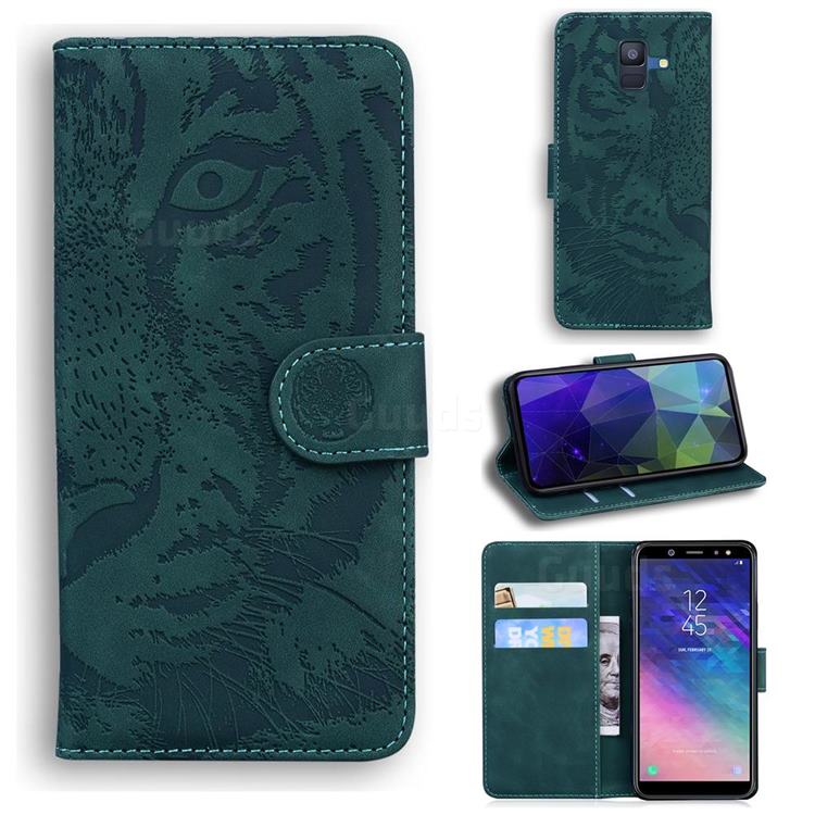 Intricate Embossing Tiger Face Leather Wallet Case for Samsung Galaxy A6 (2018) - Green