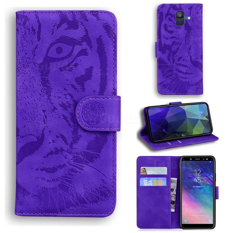 Intricate Embossing Tiger Face Leather Wallet Case for Samsung Galaxy A6 (2018) - Purple