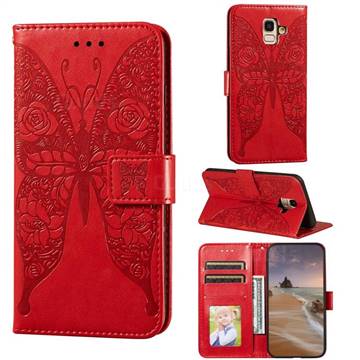 Intricate Embossing Rose Flower Butterfly Leather Wallet Case for Samsung Galaxy A6 (2018) - Red