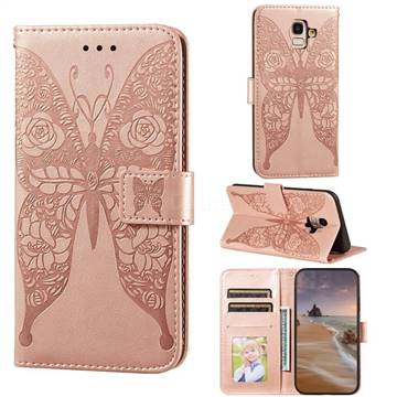 Intricate Embossing Rose Flower Butterfly Leather Wallet Case for Samsung Galaxy A6 (2018) - Rose Gold