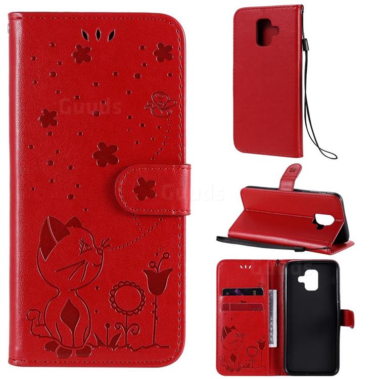 Embossing Bee and Cat Leather Wallet Case for Samsung Galaxy A6 (2018) - Red