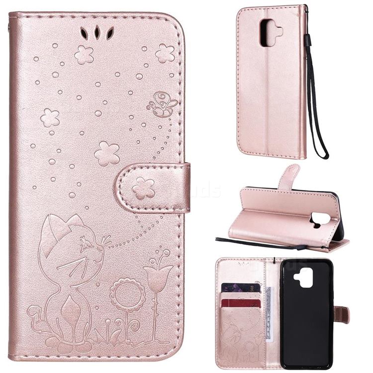 Embossing Bee and Cat Leather Wallet Case for Samsung Galaxy A6 (2018) - Rose Gold