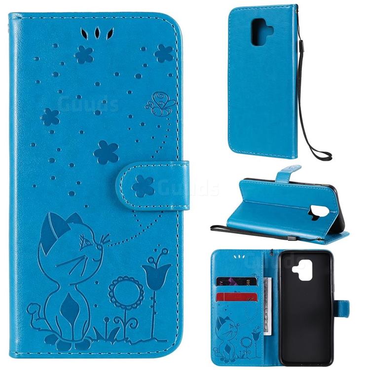 Embossing Bee and Cat Leather Wallet Case for Samsung Galaxy A6 (2018) - Blue