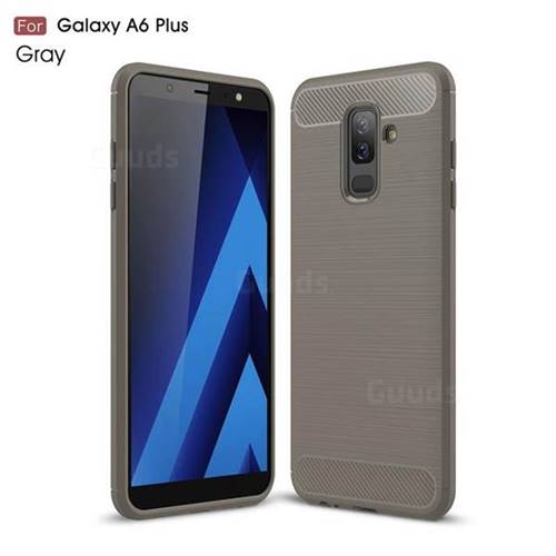 Luxury Carbon Fiber Brushed Wire Drawing Silicone TPU Back Cover for Samsung Galaxy A6 Plus (2018) - Gray