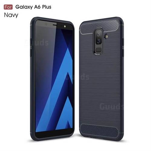 Luxury Carbon Fiber Brushed Wire Drawing Silicone TPU Back Cover for Samsung Galaxy A6 Plus (2018) - Navy